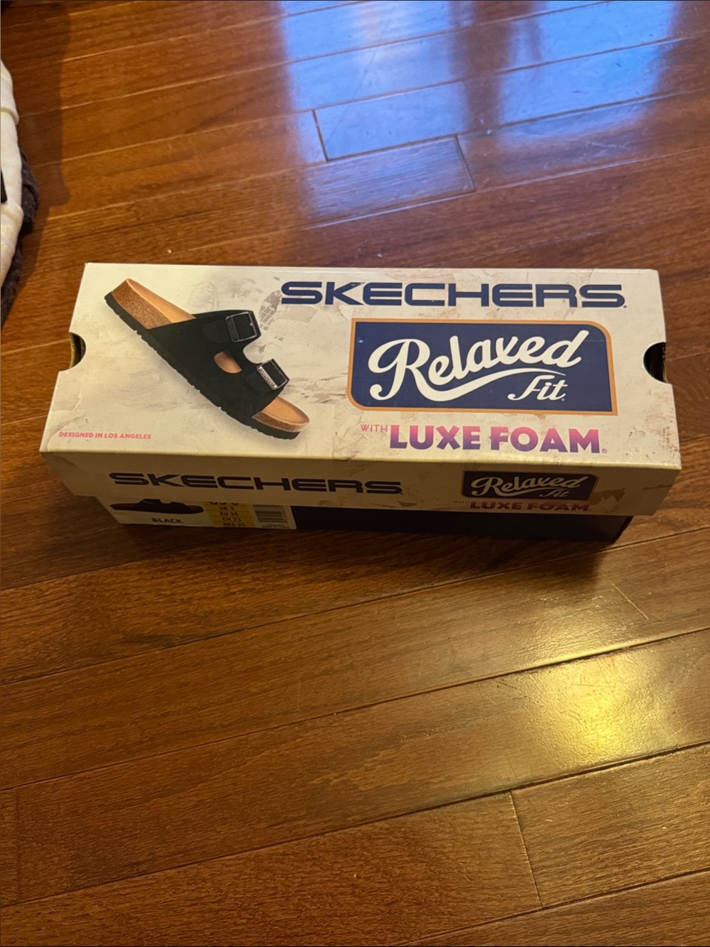 Skechers Black Relaxed Fit Luxe Foam Sandal Box Arch Fit Granola